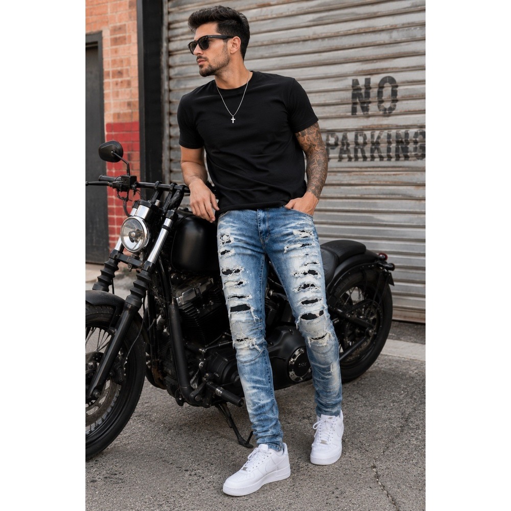 Smoke Rise SR91 Distressed Biker Skinny Jeans Men's 36x32 Blue Stretch Denim